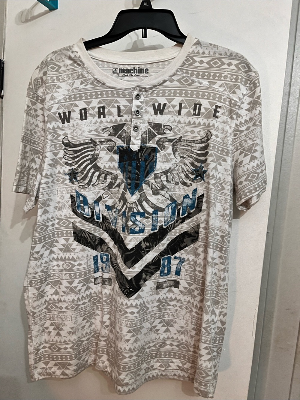 Machine White Gray Graphic Henley Tee with Blue and Black Print